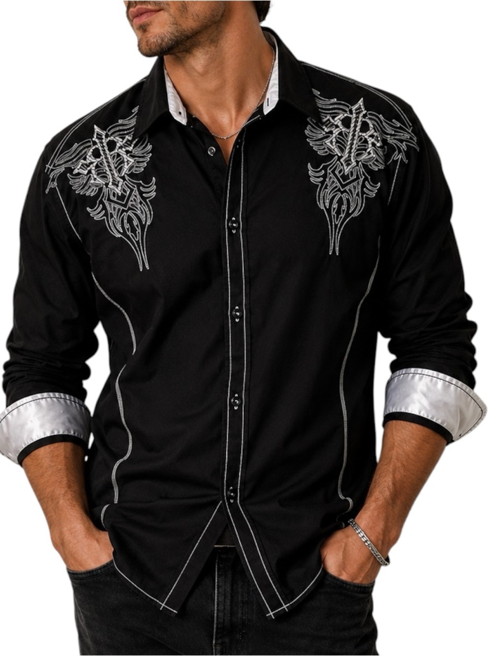 Roar Incognito Black Embroidered Long-Sleeve Men's Shirt Size XXL western